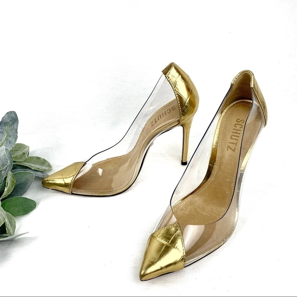 Schutz Cendi clear and gold croc embossed pumps